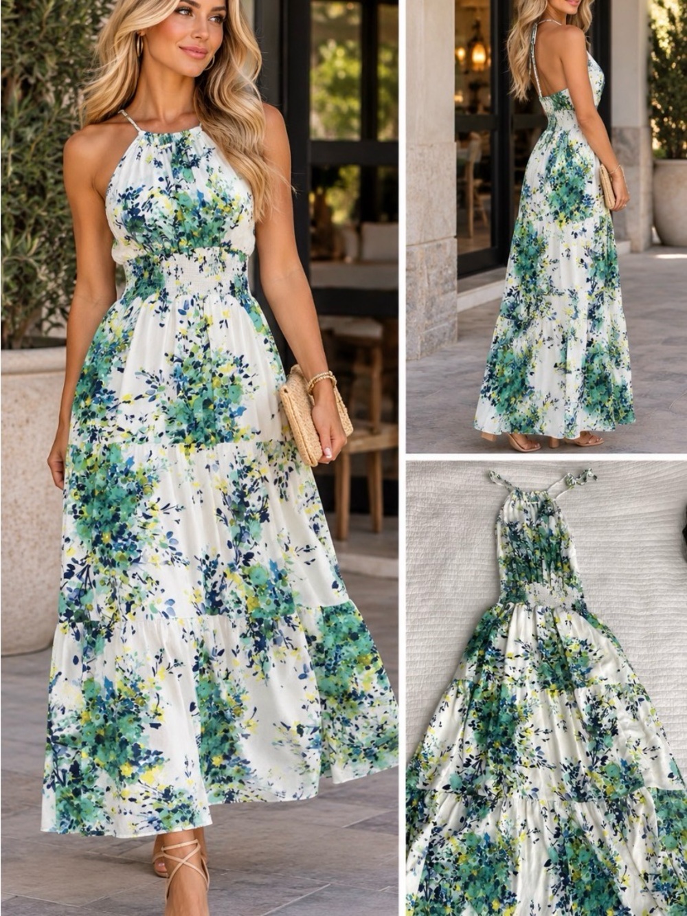 Floral Halter Maxi Dress - Green/Blue